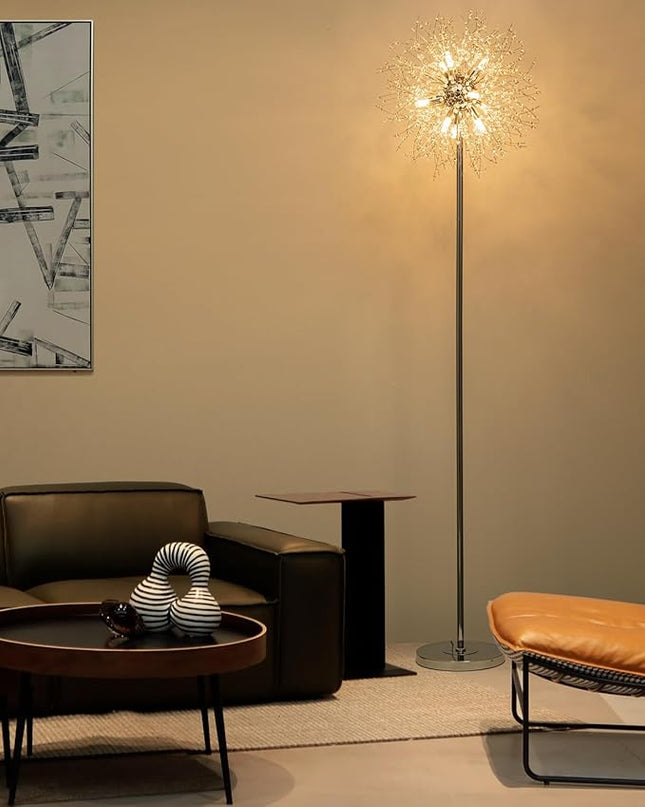 Modern Crystal Floor Lamp (9-Light, 70-Inch, Chrome), Standing Lamp with Footswitch, LED Floor Lamp for Living Room, Girls Room, Bedroom, Dresser, Office (Bulbs NOT Included) - LeafyLoom