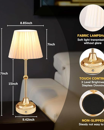 Cordless Metal Table Lamp,Touch Sensor Control Portable LED Table Lamp,3-Levels Brightness Rechargeable Bedside Lamp,Night Light for Kids Nursery,Dining Room Lamp (Gold) - LeafyLoom