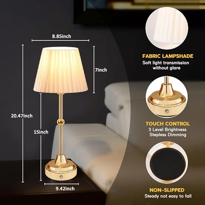 Cordless Metal Table Lamp,Touch Sensor Control Portable LED Table Lamp,3-Levels Brightness Rechargeable Bedside Lamp,Night Light for Kids Nursery,Dining Room Lamp (Gold) - LeafyLoom