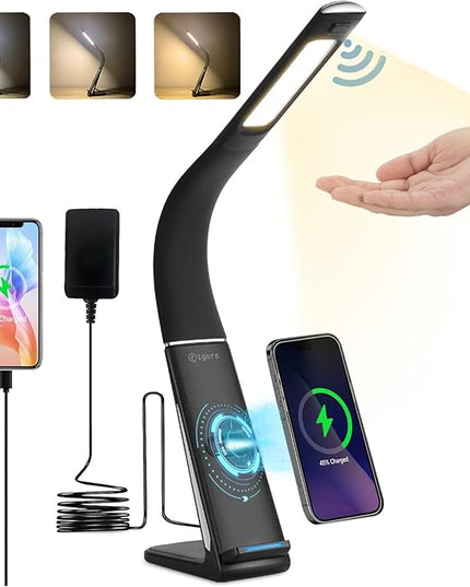 LED Desk Lamp with Wireless Charger, USB Charging Port, Stepless dimmable brightness, 3 Color Modes, Desk Lamps for Home Office, Table Lamp Eye Caring Reading Light, Gesture Control desk light - LeafyLoom