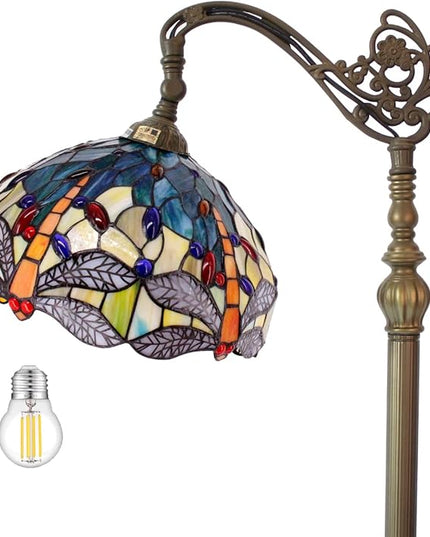 WERFACTORY Tiffany Floor Lamp Sea Blue Yellow Stained Glass Dragonfly Arch Lamp 12X18X64 Inch Gooseneck Adjustable Corner Stand Reading Light Decor Bedroom Living Room S128 Series - LeafyLoom