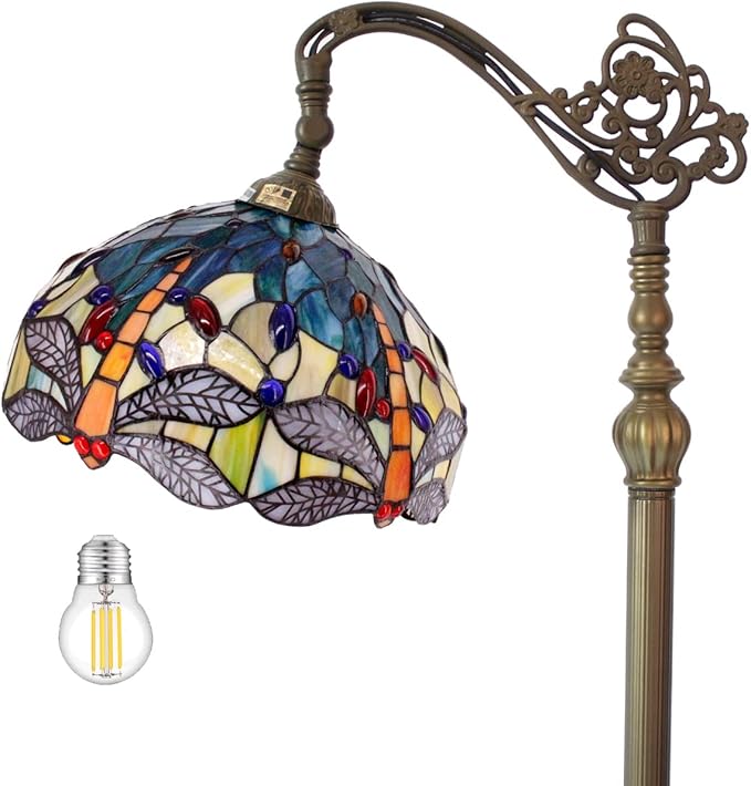 WERFACTORY Tiffany Floor Lamp Sea Blue Yellow Stained Glass Dragonfly Arch Lamp 12X18X64 Inch Gooseneck Adjustable Corner Stand Reading Light Decor Bedroom Living Room S128 Series - LeafyLoom