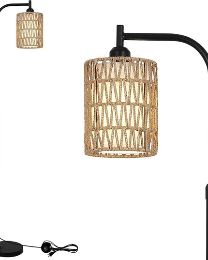 Floor Lamps for Living Room Bright Lighting, Boho Rattan Floor Lamp, Modern Farmhouse Standing Lamp with 2-in-1 Rattan Shades, Minimalist Industrial Tall Pole Lamp for Bedroom Office, Black - LeafyLoom