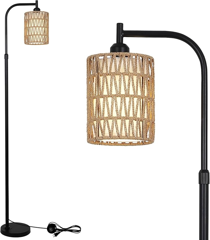 Floor Lamps for Living Room Bright Lighting, Boho Rattan Floor Lamp, Modern Farmhouse Standing Lamp with 2-in-1 Rattan Shades, Minimalist Industrial Tall Pole Lamp for Bedroom Office, Black - LeafyLoom