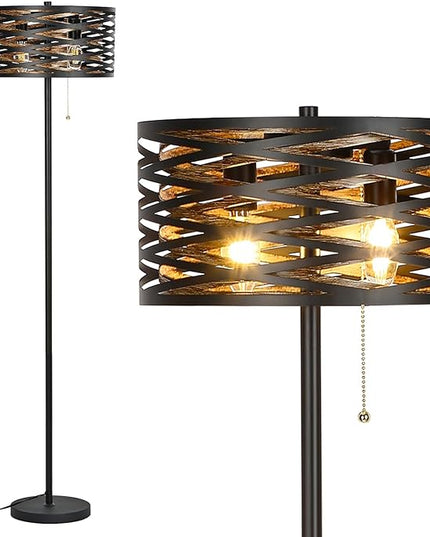Industrial Floor Lamp for Living Room Black Standing Lamp Farmhouse Stand Up Lamp with Pull Chain Switch Tall Lamp for Bedroom Home Decor Vintage Rustic Unique Pole Lamps, Dual E12 Bulbs Included - LeafyLoom