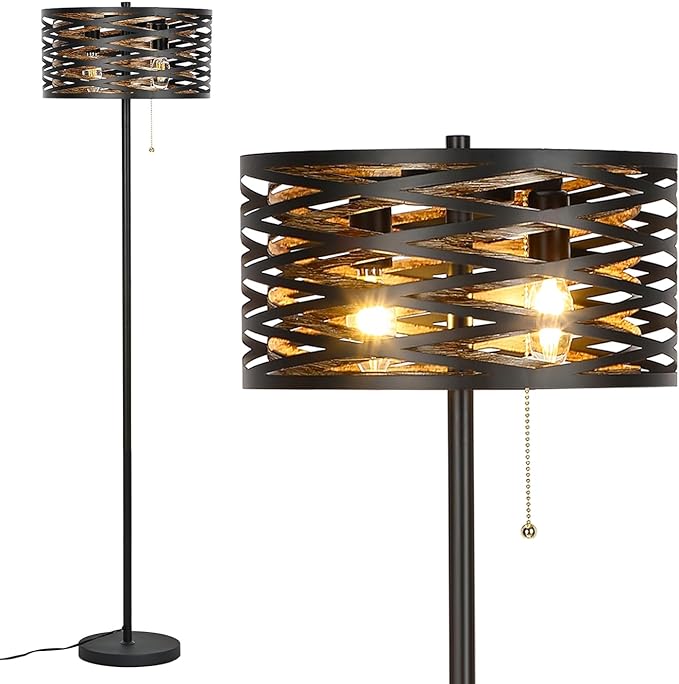 Industrial Floor Lamp for Living Room Black Standing Lamp Farmhouse Stand Up Lamp with Pull Chain Switch Tall Lamp for Bedroom Home Decor Vintage Rustic Unique Pole Lamps, Dual E12 Bulbs Included - LeafyLoom