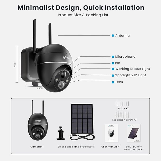 ieGeek 5MP Security Cameras Wireless Outdoor, Solar Outdoor Security Cameras System 360° PTZ with Spotlight & Siren, 2.4Ghz Outdoor Cameras for Home Security,Color Night Vision, Compatible with Alexa ieGeek