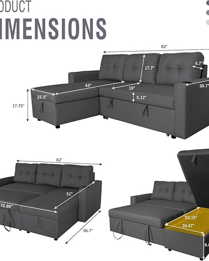 IULULU L Shaped Sectional Sofa, 82 Inch Convertible Sleeper with Pullout Bed, Storage Chaise, Cupholders, 2 in 1 Pull Out Couch for Living Room, Apartment, Charcoal Grey - LeafyLoom