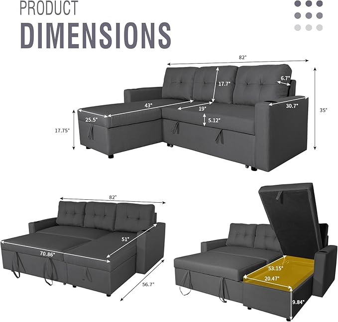 IULULU L Shaped Sectional Sofa, 82 Inch Convertible Sleeper with Pullout Bed, Storage Chaise, Cupholders, 2 in 1 Pull Out Couch for Living Room, Apartment, Charcoal Grey - LeafyLoom