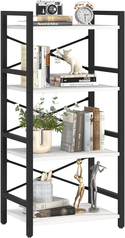 Yoobure 4 Tier Bookshelf - Small Book Shelf Industrial Bookcase, Narrow Book Case Book Storage Organizer for CD/Movie/Book, Bookshelves for Bedroom Office Living Room White - LeafyLoom