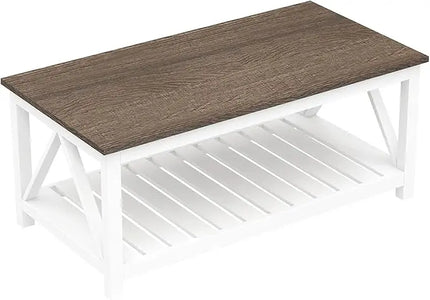 ChooChoo Farmhouse Coffee Table, Rustic Vintage Living Room Table with Shelf, 40 White - LeafyLoom