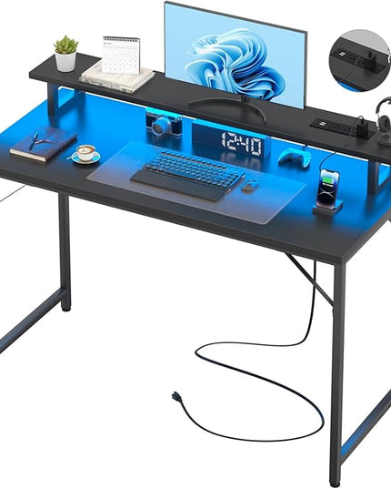 Computer Desk with USB Power Outlets and LED Lights, 47 inch Gaming desk with Monitor Stand for Small Space Home Office, Modern Simple Study Writing Table PC Desks, Black - LeafyLoom