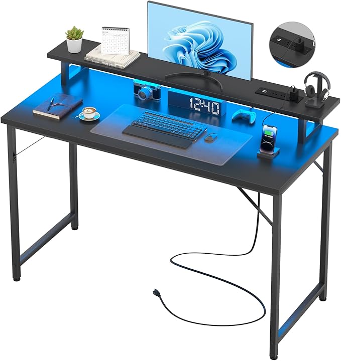 Computer Desk with USB Power Outlets and LED Lights, 47 inch Gaming desk with Monitor Stand for Small Space Home Office, Modern Simple Study Writing Table PC Desks, Black - LeafyLoom