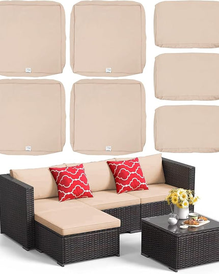 ClawsCover 7Pack Outdoor Patio Seat and Back Cushions Replacement Covers Fit for 3/5 Pieces 4-Seater Wicker Rattan Furniture Conversation Set Sectional Couch,Light Khaki-Large (Include Cover Only) - LeafyLoom