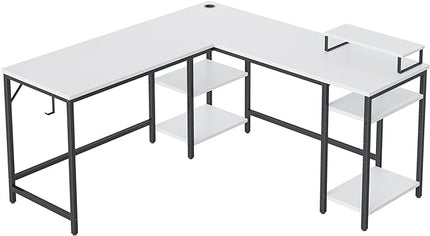 BANTI L Shaped Desk with Storage, 59 Inch Reversible Corner Computer Desk or 2 Person Long Table Desk, Home Office Large Gaming Writing Storage Workstation with Monitor Stand, White - LeafyLoom
