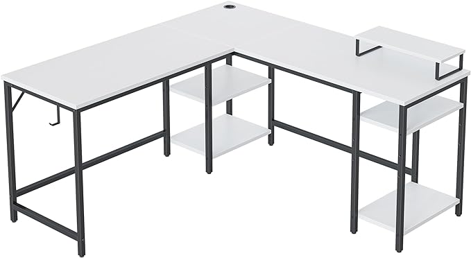 BANTI L Shaped Desk with Storage, 59 Inch Reversible Corner Computer Desk or 2 Person Long Table Desk, Home Office Large Gaming Writing Storage Workstation with Monitor Stand, White - LeafyLoom
