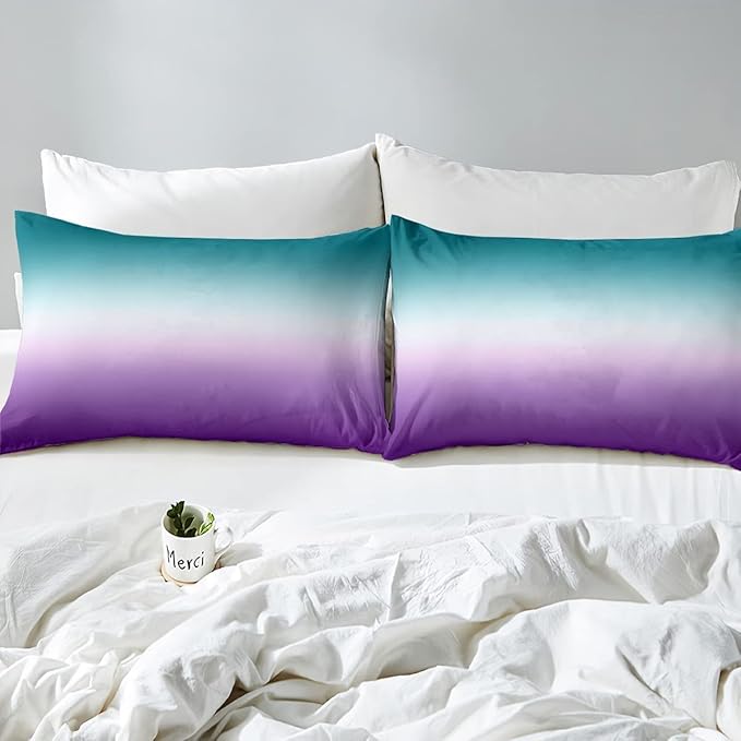 Erosebridal Ombre Comforter Set Green Purple Teal Bedding Set King Size Colorful Gradient Down Comforter Modern Abstract Quilt Duvet Insert Soft Warm Lightweight 1Comforter with 2 Pillowcases - LeafyLoom
