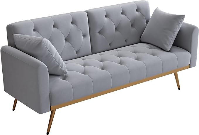Velvet Upholstered Modern Convertible Futon Couch Folding Sofa Bed Recliner Lounge Loveseat Daybed Sofacama with Adjustable Backrest and Golden Legs for Small RV Living Room Office, Gray 68.3" - LeafyLoom