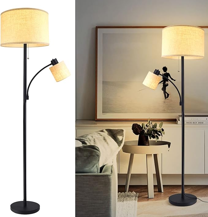 DLLT Living Room Standing Floor Lamps for Reading, Modern Tall Pole Lamp for Contemporary Home with Adjustable Side Light, Mid-Century Industrial Lighting with Drum Shade for Bedroom, Office, Metal - LeafyLoom