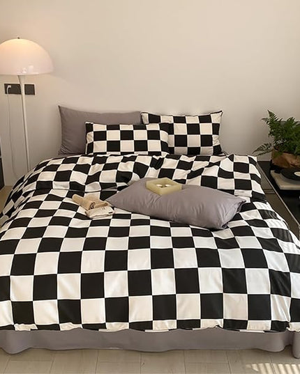 Black White Grid Comforter Set Cal King Black Plaid Bedding Set Women Black and White Checkered Bed Comforter Set Breathable Blanket Set Men Durable Bedding Comforter Set - LeafyLoom