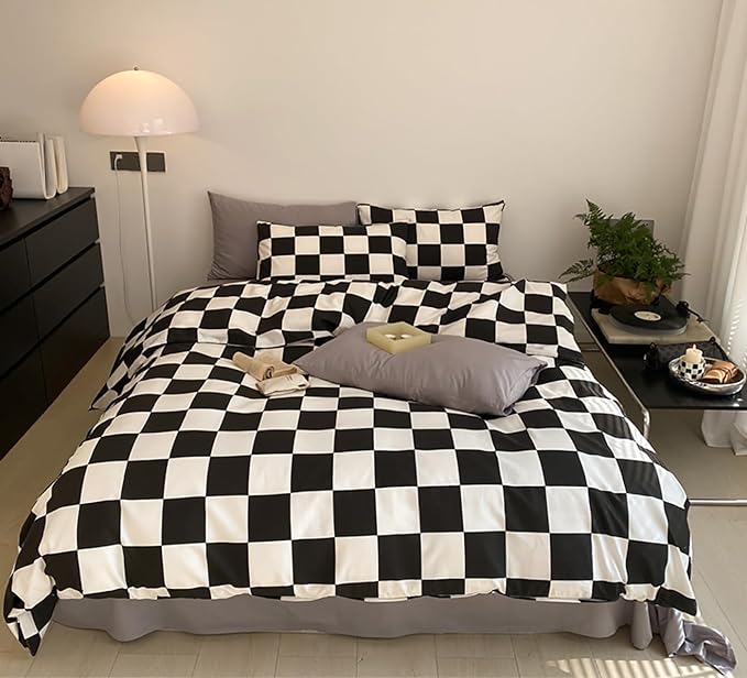Black White Grid Comforter Set Cal King Black Plaid Bedding Set Women Black and White Checkered Bed Comforter Set Breathable Blanket Set Men Durable Bedding Comforter Set - LeafyLoom