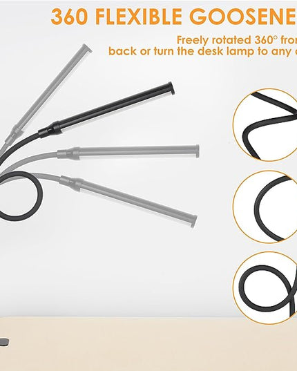 ShineTech LED Desk lamp with Clamp, Eye-Caring Clip Lights for Home Office, 3 Colors Full Brightness, Flexible Gooseneck USB Adapter Table Lamp, Black - LeafyLoom
