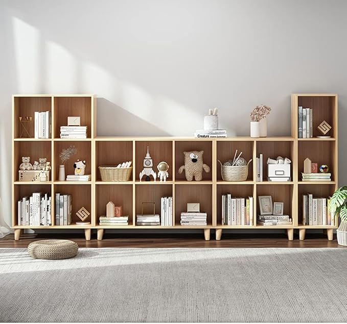 IOTXY Freestanding Open Cubes Bookcase - 2-Tier Floor Standing Wooden Storage Display Cabinet Organizer with Legs for Home Office, 4-Cubes Open Shelf Low Short Bookshelf, Oak - LeafyLoom