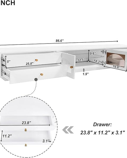 Luxurious Long Fluted Doors, Tempered Glass Shelf Entertainment Center Media Console Table Stand for TVs Up to 95'', with Multiple Storage for Living Room, Bedroom, White - LeafyLoom