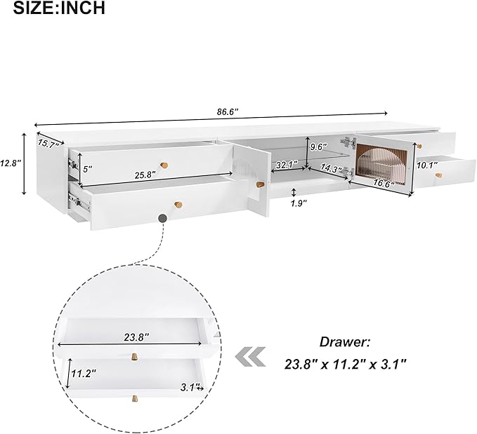 Luxurious Long Fluted Doors, Tempered Glass Shelf Entertainment Center Media Console Table Stand for TVs Up to 95'', with Multiple Storage for Living Room, Bedroom, White - LeafyLoom