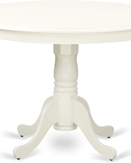 East West Furniture Hartland 5 Piece Set Includes a Round Dining Table with Pedestal and 4 Kitchen Chairs, 42x42 Inch, Linen White - LeafyLoom