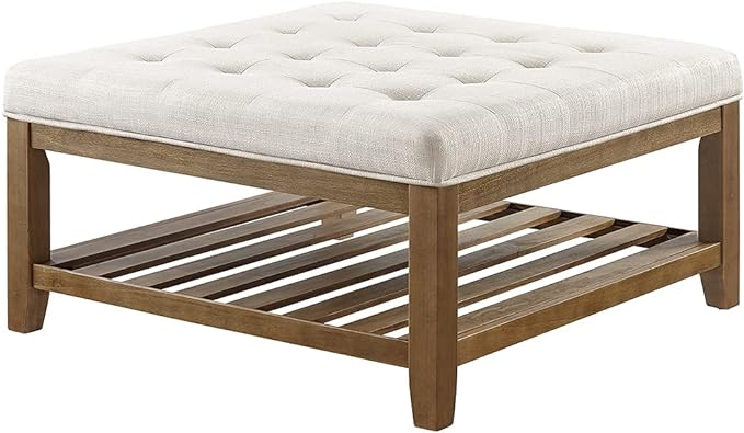 24KF Large Square Upholstered Tufted Linen Ottoman Coffee Table, Large Footrest Ottoman with Solid Wood Shelf-Ivory - LeafyLoom