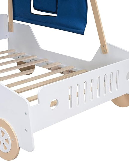 Full Size Kids Car Bed with Tent Canopy & Wheels,Wood Bedframe W/Safty Grille,Raised Base Design,Easy Assembly,Toddler Boys Car-Shaped Bedroom Beds for Reading Playing Relaxing,White+Natural - LeafyLoom