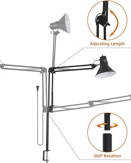 Desk Lamp for Home Office Eye-Caring Metal Extra Long Swing Arm Stable Clamp Flexible Gooseneck A19 E26 Bulb included as Table Working Reading Aesthetic Computer Versatile Light - LeafyLoom