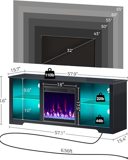 Rolanstar Fireplace TV Stand with Led Lights and Power Outlets, TV Stand for 45/50/55/60/65 inch TVs, Entertainment Center with Electric Fireplace, Modern TV Console with Glass Shelves, Glossy Black - LeafyLoom