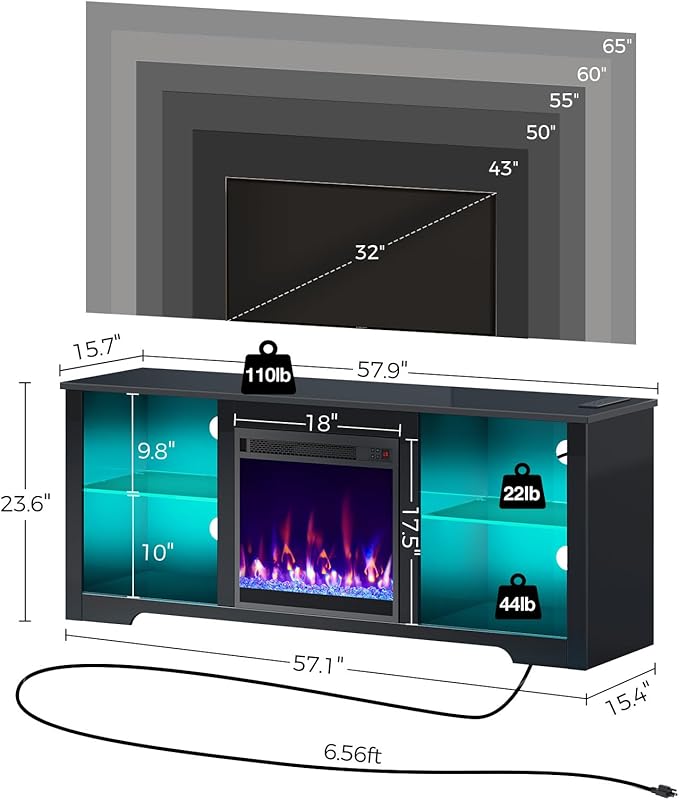 Rolanstar Fireplace TV Stand with Led Lights and Power Outlets, TV Stand for 45/50/55/60/65 inch TVs, Entertainment Center with Electric Fireplace, Modern TV Console with Glass Shelves, Glossy Black - LeafyLoom