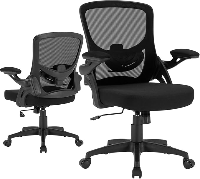 Ergonomic Mesh Office Chair, Comfy Desk Chair with Flip up Armrests, Swivel Computer Desk Chair with Adjustable Lumbar Support and Height for Home Office, 300 lbs Capacity - LeafyLoom
