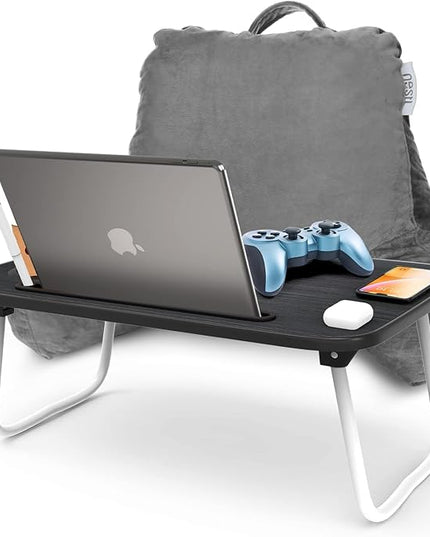 Nestl Reading Pillow with Portable Laptop Lap Desk, Velvet Feel Back Pillow for Sitting in Bed, Shredded Memory Foam Back Support Pillow for Bed, Bed Rest Pillow with Arms, Standard - Gray - LeafyLoom