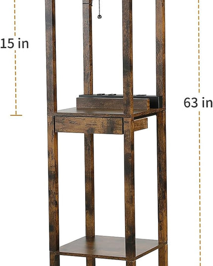 SUNMORY Floor Lamp with Shelves, Modern Dimmable Standing Lamp with Drawer & 2 USB Ports & 2 Power Outlet, Corner Tall Shelf Lamp for Living Room and Bedroom (Rustic Browm) - LeafyLoom