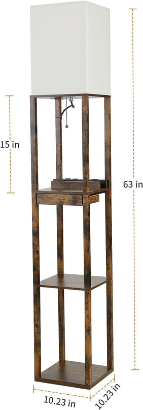 SUNMORY Floor Lamp with Shelves, Modern Dimmable Standing Lamp with Drawer & 2 USB Ports & 2 Power Outlet, Corner Tall Shelf Lamp for Living Room and Bedroom (Rustic Browm) - LeafyLoom