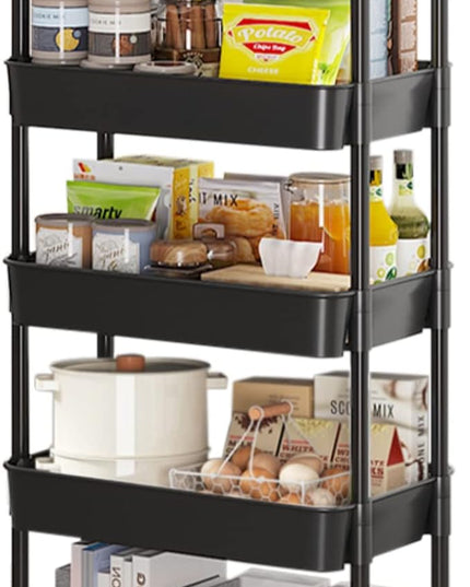 5-Tier Rolling Cart, Multipurpose Utility Cart, Rolling Carts with Lockable Wheels, Storage Cart Craft Cart Organizer for Bathroom Laundry Kitchen,Used as book art snack lash makeup diaper cart,Black - LeafyLoom
