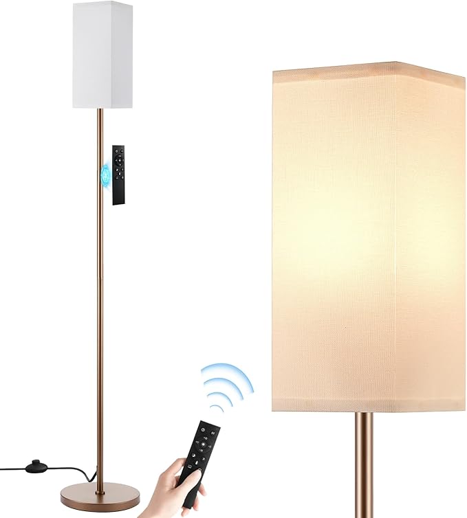 Ambimall Remote Control Floor Lamp, Stepless Dimmable, 64 Inches Tall, Include 9W Bulb, Standing Lamp for Living Room Bedroom Office (White & Brown) - LeafyLoom