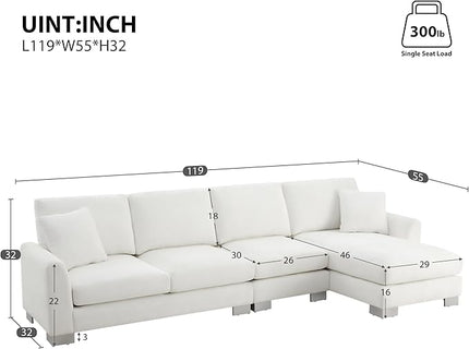 119" Sectional Sofa, L-Shaped Couch Set with 2 Free Pillows and Chaise, 5-seat Chenille Indoor Furniture for Living Room, Apartment, Office, 119inch, White - LeafyLoom