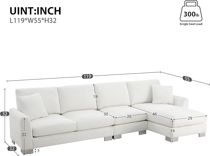 119" Sectional Sofa, L-Shaped Couch Set with 2 Free Pillows and Chaise, 5-seat Chenille Indoor Furniture for Living Room, Apartment, Office, 119inch, White - LeafyLoom