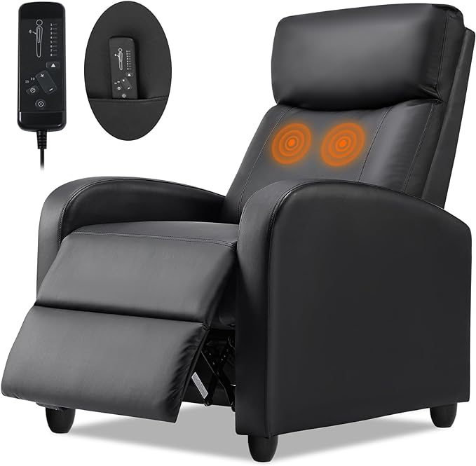 Recliner Chair for Adults, Massage Reclining Chair for Living Room, Adjustable Modern Recliners Chair, Home Theater Seating Single Sofa Recliner with Padded Seat Backrest (Deep Black) - LeafyLoom