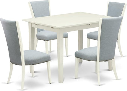 East West Furniture Norfolk 5 Piece Set Includes a Rectangle Dining Room Table with Butterfly Leaf and 4 Baby Blue Linen Fabric Parsons Chairs, 32x54 Inch, NFVE5-WHI-15 - LeafyLoom