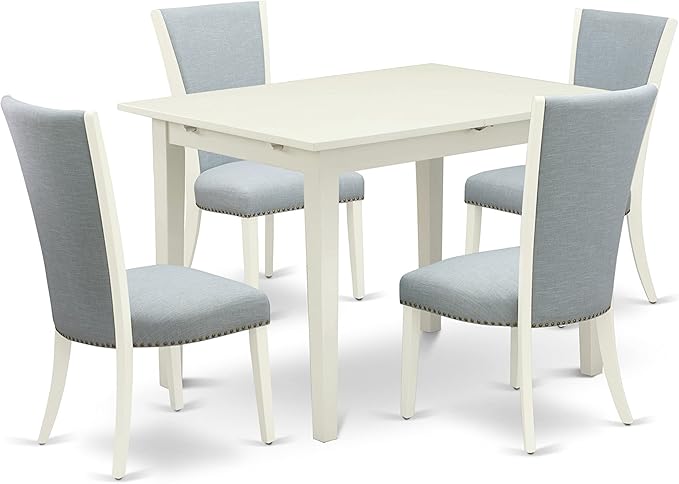 East West Furniture Norfolk 5 Piece Set Includes a Rectangle Dining Room Table with Butterfly Leaf and 4 Baby Blue Linen Fabric Parsons Chairs, 32x54 Inch, NFVE5-WHI-15 - LeafyLoom