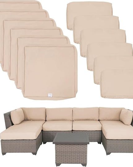 ClawsCover 12 Pack Outdoor Patio Seat and Back Cushions Replacement Covers Fit for 7Pieces 6-Seater Wicker Rattan Furniture Conversation Set Sectional Couch Chair,Light Khaki-Include Cover Only - LeafyLoom