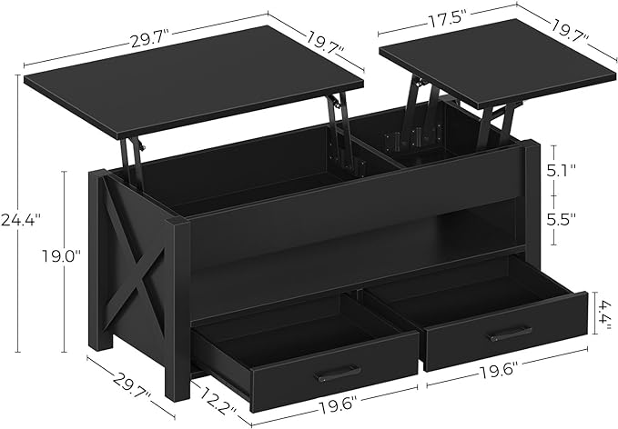 Seventable Coffee Table, 47.2" Lift Top Coffee Table with 2 Storage Drawers and Hidden Compartment, X Wood Farmhouse Support, Retro Center Table with Lift Tabletop for Living Room,Black - LeafyLoom
