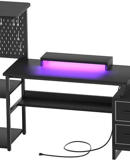 Computer Desk with 2 Fabric Drawers - Reversible Home Office Desk with Power Outlet & LED Lights, 53" Writing Desk with Monitor Stand & Storage Shelves, Gaming Desk Study Table with Pegboard, Black - LeafyLoom