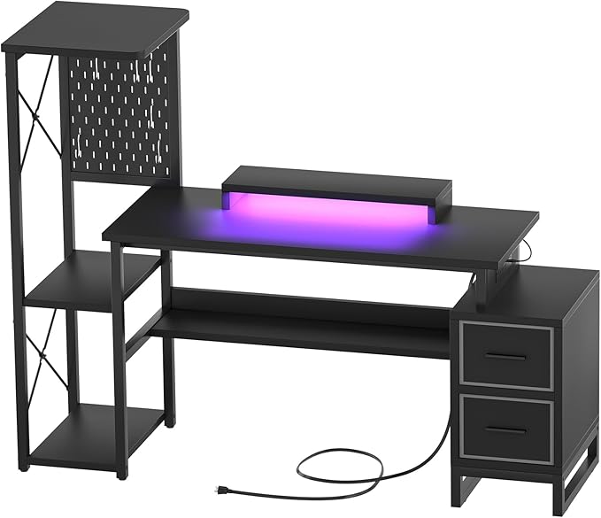 Computer Desk with 2 Fabric Drawers - Reversible Home Office Desk with Power Outlet & LED Lights, 53" Writing Desk with Monitor Stand & Storage Shelves, Gaming Desk Study Table with Pegboard, Black - LeafyLoom